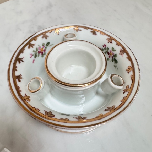 French Antique Sevres Pattern Porcelain Inkstand Inkwell  A Handpainted Sèvres Porcelain Floral Cylindrical Inkwell & Stand Made in France